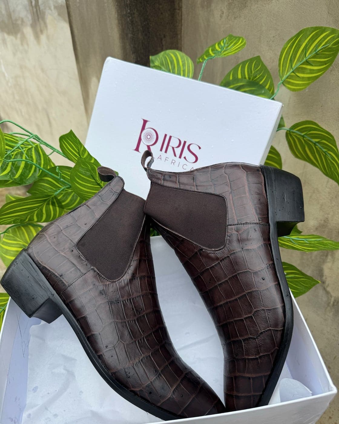 The Croc Chelsea Boot in Espresso croc-embossed leather, with elastic side gussets, pull tabs and stacked heels